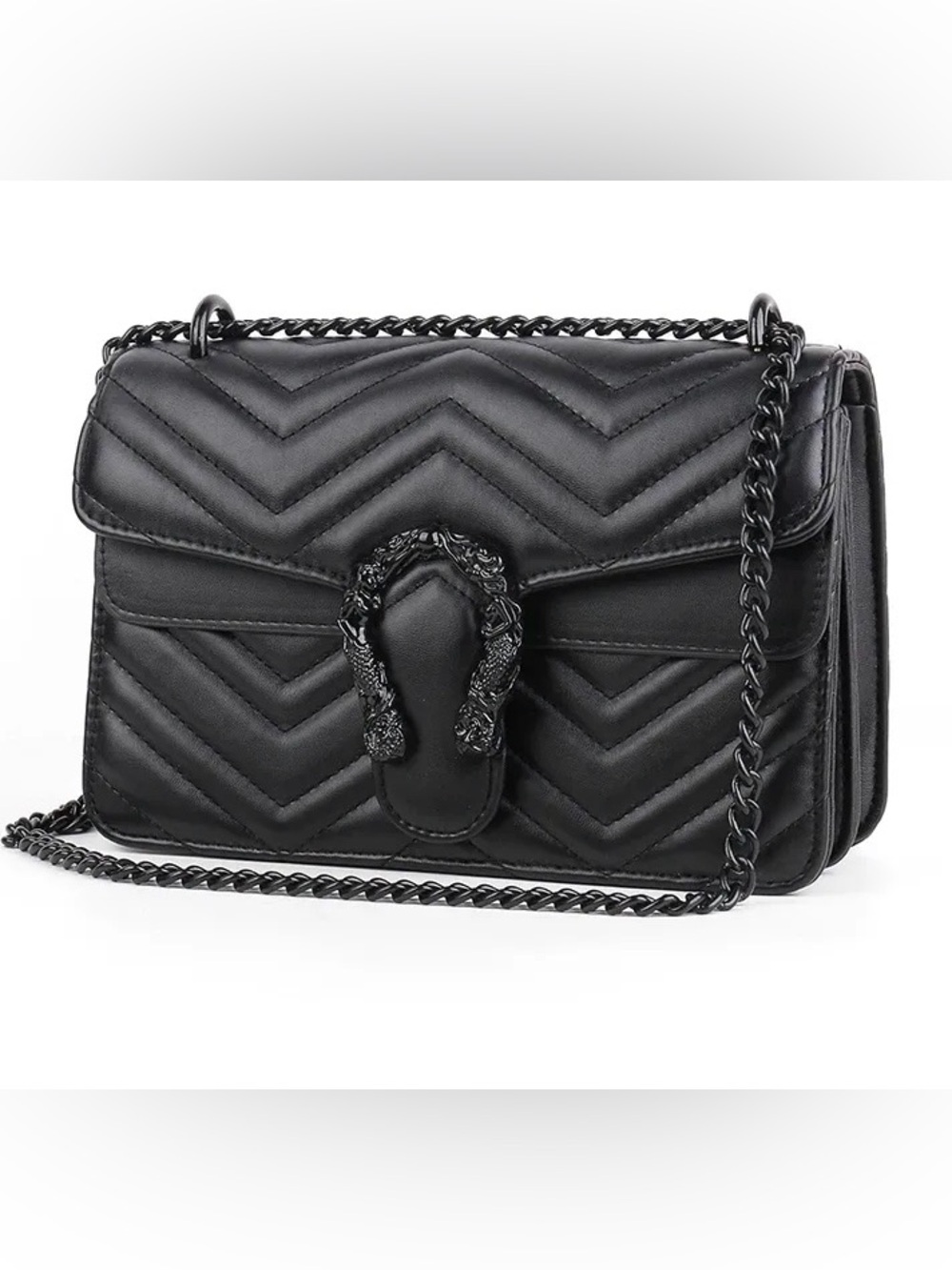 Quilted Black Chain Crossbody Bag with Dragon Buckle